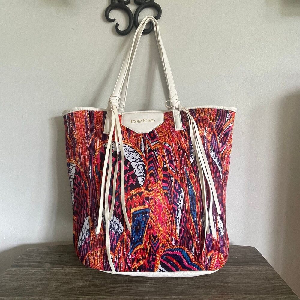 Bebe Women’s White Multicolored Peacock Design Large Beach Work School Tote Bag